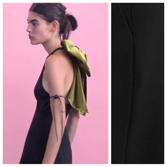 NWT. Zara Black Maxi Bow Velvet Short V-Neck Dress. Size M. - Picture 5 of 15